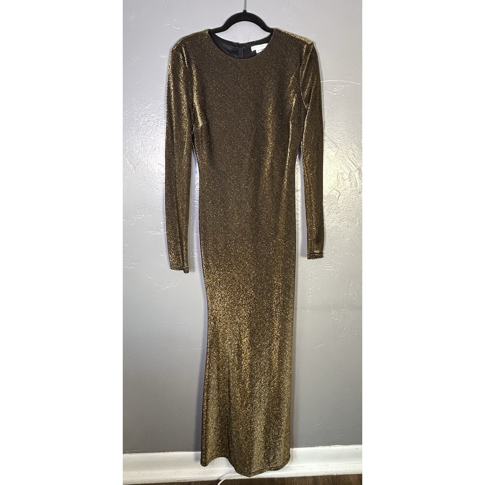 Baltic Born Aura Maxi Gold Metallic Dress Long Sleeve Body Fitted Dress M